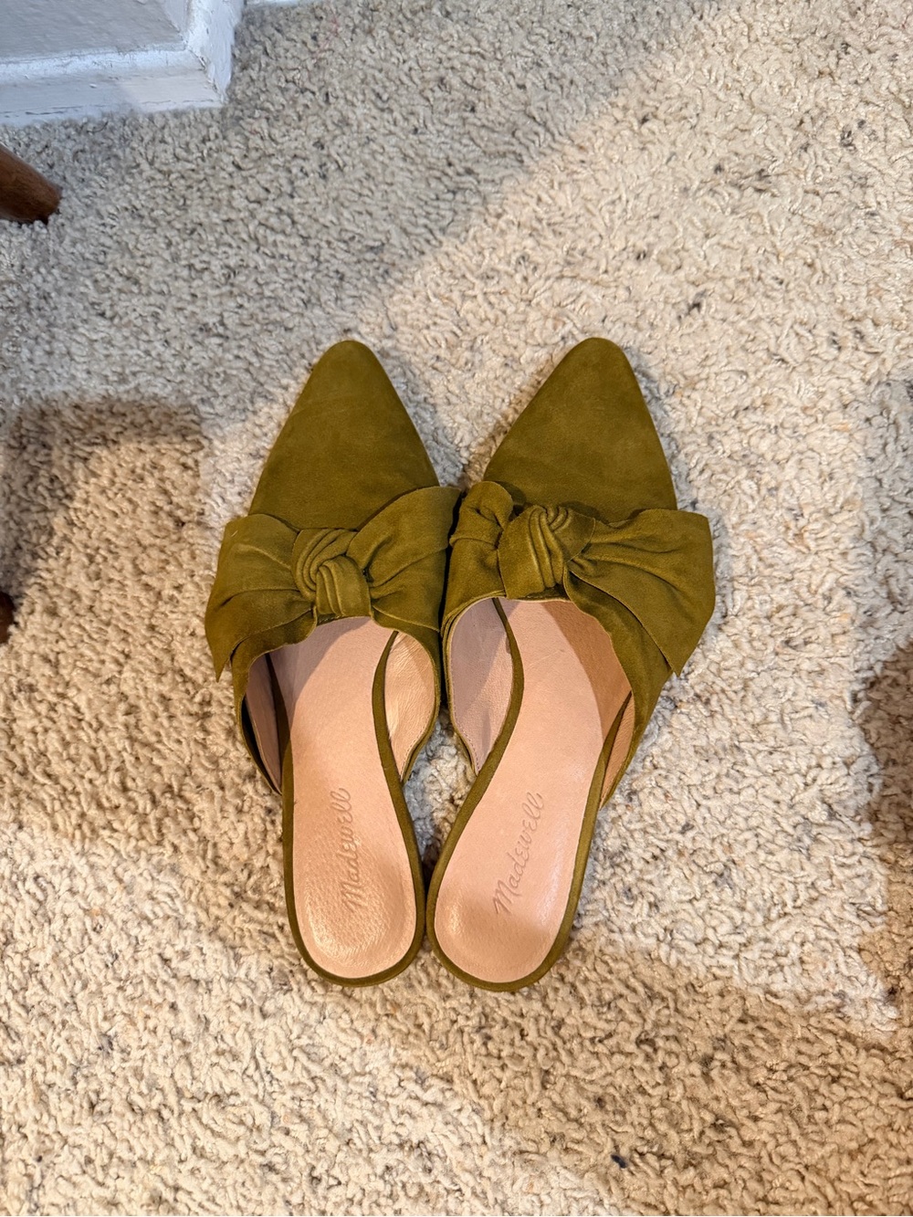 Madewell Olive Green Suede Bow Pointed-Toe Mules